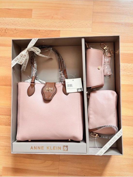 Anne Klein Handbags - Anne Klein Pink Tote with Brown Trim and Matching Accessories